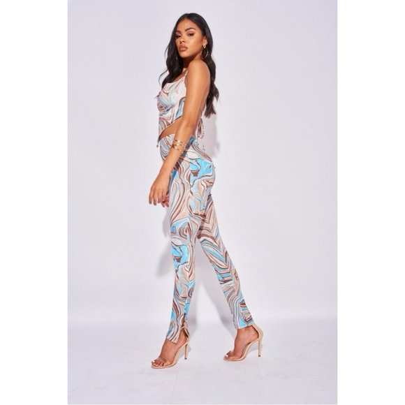 Blue Marble Print Sleeveless Backless Crop Top and Leggings Pants Two Piece Set - Picture 3 of 16
